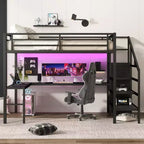 Bellemave Queen Loft Bed with L-Shaped Desk, Wardrobe, USB Port & LED, Metal Loft Bed with Storage Stairs & Adjustable Shelf, Black