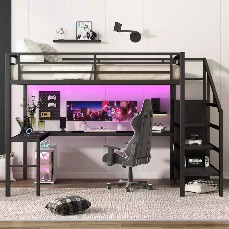 Bellemave Queen Loft Bed with L-Shaped Desk, Wardrobe, USB Port & LED, Metal Loft Bed with Storage Stairs & Adjustable Shelf, Black