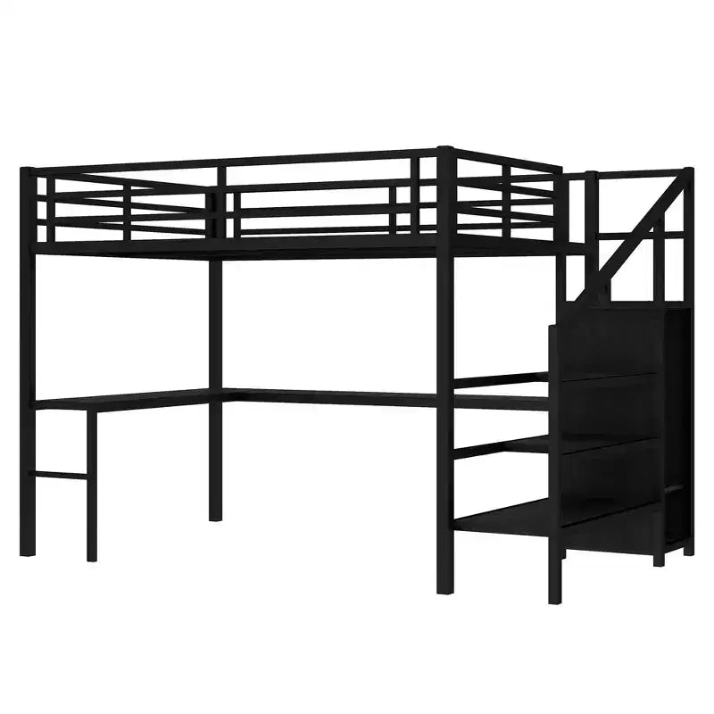 Bellemave Queen Loft Bed with L-Shaped Desk, Wardrobe, USB Port & LED, Metal Loft Bed with Storage Stairs & Adjustable Shelf, Black