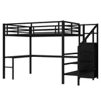 Bellemave Queen Loft Bed with L-Shaped Desk, Wardrobe, USB Port & LED, Metal Loft Bed with Storage Stairs & Adjustable Shelf, Black