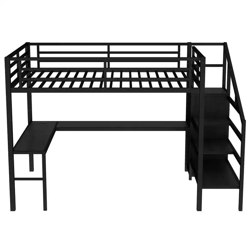Bellemave Queen Loft Bed with L-Shaped Desk, Wardrobe, USB Port & LED, Metal Loft Bed with Storage Stairs & Adjustable Shelf, Black