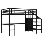Bellemave Queen Loft Bed with L-Shaped Desk, Wardrobe, USB Port & LED, Metal Loft Bed with Storage Stairs & Adjustable Shelf, Black