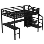 Bellemave Queen Loft Bed with L-Shaped Desk, Wardrobe, USB Port & LED, Metal Loft Bed with Storage Stairs & Adjustable Shelf, Black