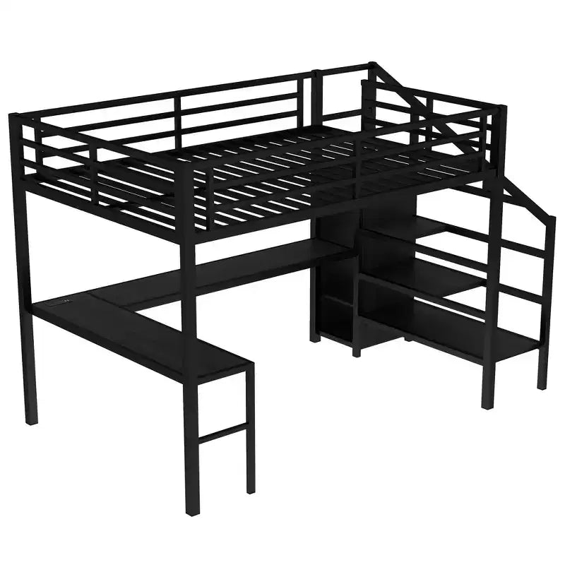 Bellemave Queen Loft Bed with L-Shaped Desk, Wardrobe, USB Port & LED, Metal Loft Bed with Storage Stairs & Adjustable Shelf, Black