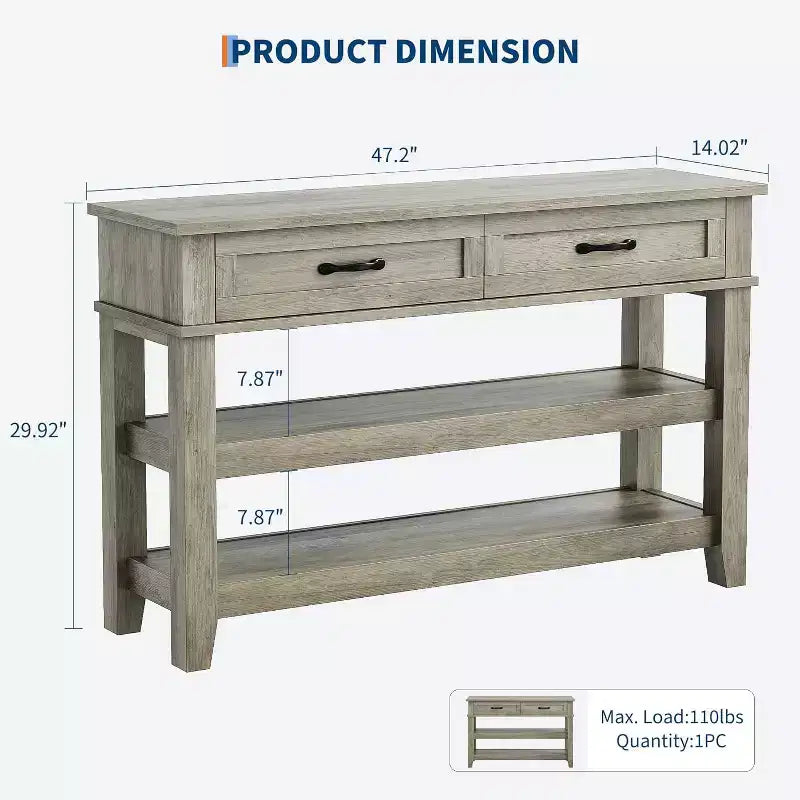 3-Tier Console Table, 47 Retro Entryway Table with 2 Storage Drawers ,Narrow Wooden Sofa Table with Open Shelf for Living Room, Foyer, Hallway