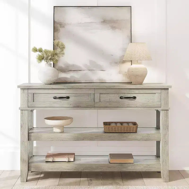 3-Tier Console Table, 47 Retro Entryway Table with 2 Storage Drawers ,Narrow Wooden Sofa Table with Open Shelf for Living Room, Foyer, Hallway