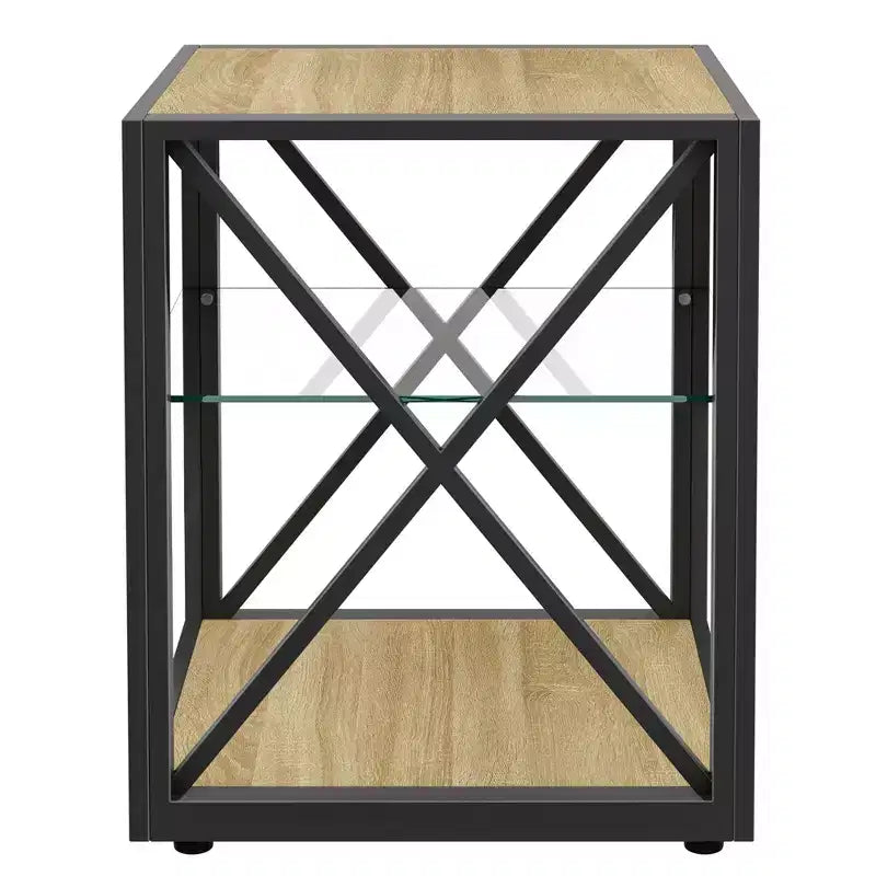 Okak Modern End Table with Metal Frame, Industrial Side Table with Tempered Glass Shelf, Couch Table for Living Room, Bedroom