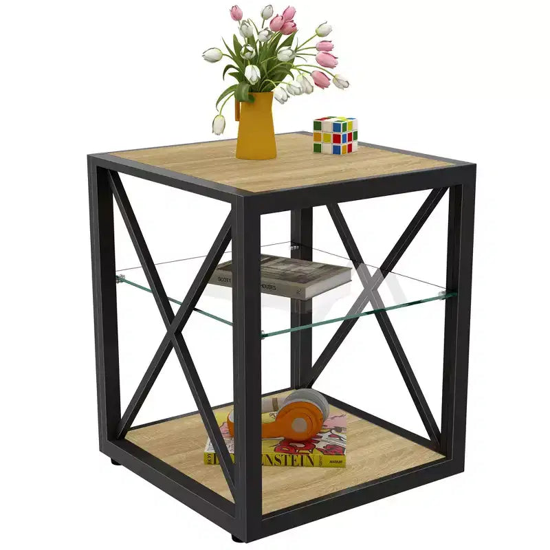 Okak Modern End Table with Metal Frame, Industrial Side Table with Tempered Glass Shelf, Couch Table for Living Room, Bedroom