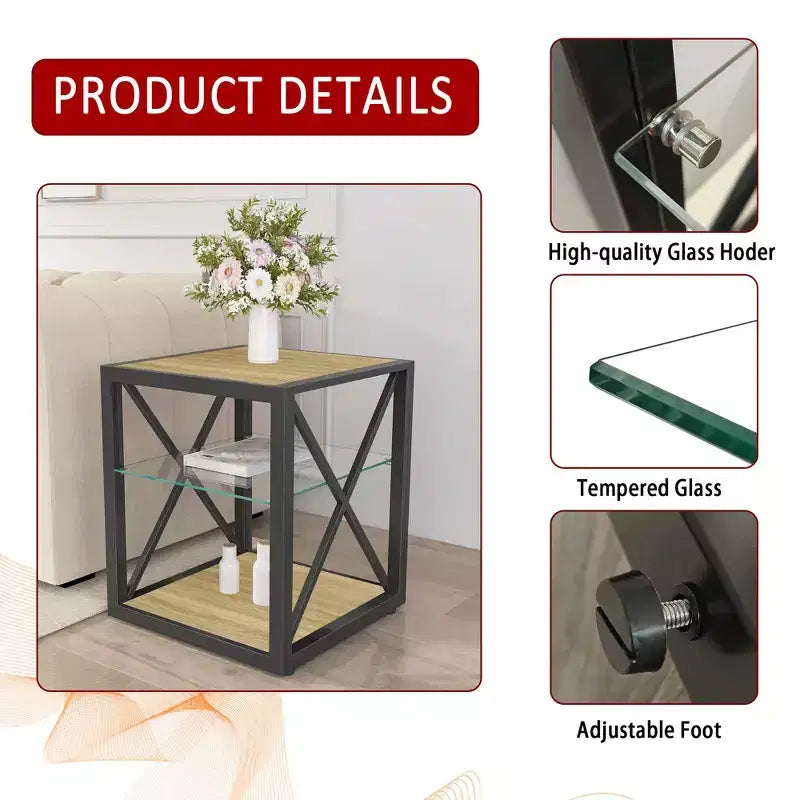Okak Modern End Table with Metal Frame, Industrial Side Table with Tempered Glass Shelf, Couch Table for Living Room, Bedroom