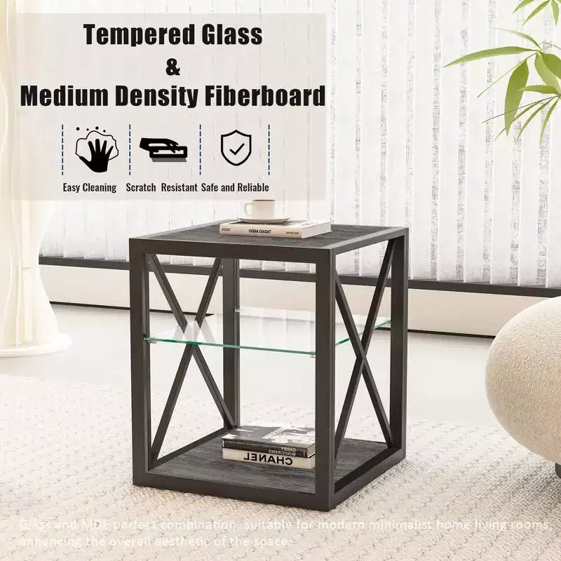 Okak Modern End Table with Metal Frame, Industrial Side Table with Tempered Glass Shelf, Couch Table for Living Room, Bedroom