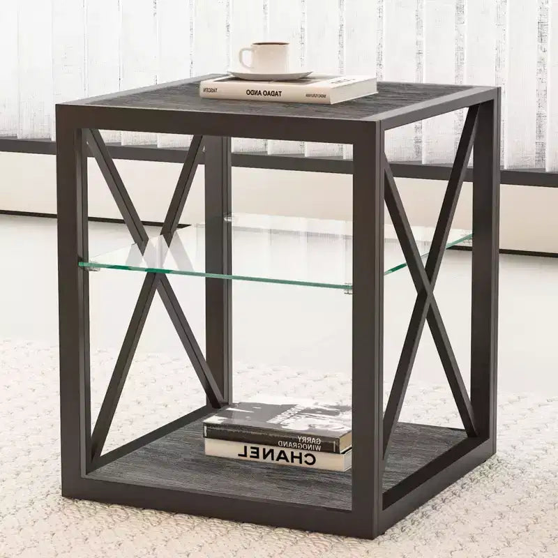 Okak Modern End Table with Metal Frame, Industrial Side Table with Tempered Glass Shelf, Couch Table for Living Room, Bedroom