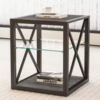 Okak Modern End Table with Metal Frame, Industrial Side Table with Tempered Glass Shelf, Couch Table for Living Room, Bedroom