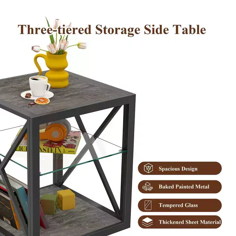 Okak Modern End Table with Metal Frame, Industrial Side Table with Tempered Glass Shelf, Couch Table for Living Room, Bedroom