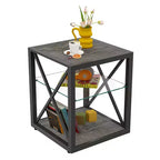 Okak Modern End Table with Metal Frame, Industrial Side Table with Tempered Glass Shelf, Couch Table for Living Room, Bedroom