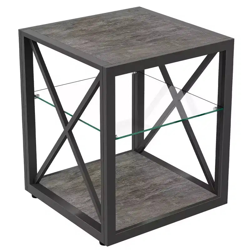 Okak Modern End Table with Metal Frame, Industrial Side Table with Tempered Glass Shelf, Couch Table for Living Room, Bedroom