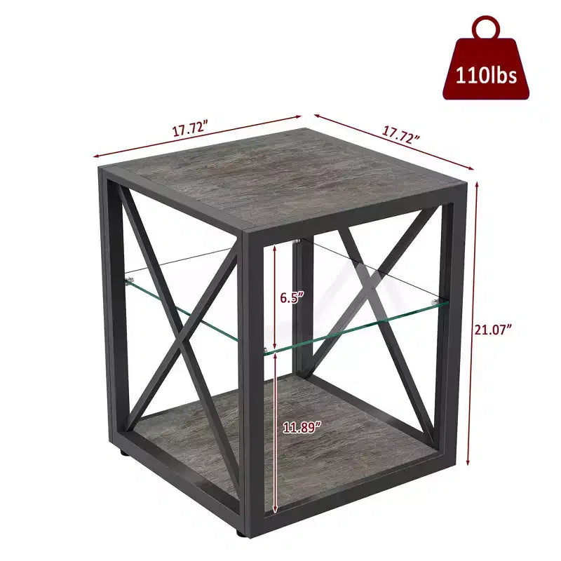 Okak Modern End Table with Metal Frame, Industrial Side Table with Tempered Glass Shelf, Couch Table for Living Room, Bedroom