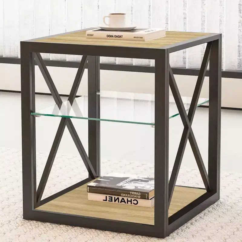 Okak Modern End Table with Metal Frame, Industrial Side Table with Tempered Glass Shelf, Couch Table for Living Room, Bedroom