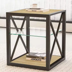 Okak Modern End Table with Metal Frame, Industrial Side Table with Tempered Glass Shelf, Couch Table for Living Room, Bedroom