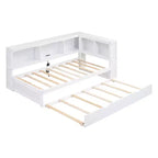 Wooden Twin Size Daybed with Trundle and Storage Cabinet, Floor Day Bed Frame w/L-Shaped Bookcase Shelves and USB Ports for Bedroom