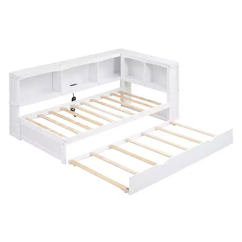 Wooden Twin Size Daybed with Trundle and Storage Cabinet, Floor Day Bed Frame w/L-Shaped Bookcase Shelves and USB Ports for Bedroom