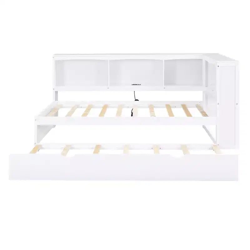 Wooden Twin Size Daybed with Trundle and Storage Cabinet, Floor Day Bed Frame w/L-Shaped Bookcase Shelves and USB Ports for Bedroom