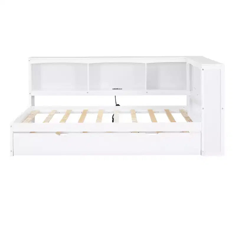 Wooden Twin Size Daybed with Trundle and Storage Cabinet, Floor Day Bed Frame w/L-Shaped Bookcase Shelves and USB Ports for Bedroom