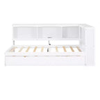 Wooden Twin Size Daybed with Trundle and Storage Cabinet, Floor Day Bed Frame w/L-Shaped Bookcase Shelves and USB Ports for Bedroom