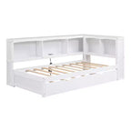 Wooden Twin Size Daybed with Trundle and Storage Cabinet, Floor Day Bed Frame w/L-Shaped Bookcase Shelves and USB Ports for Bedroom