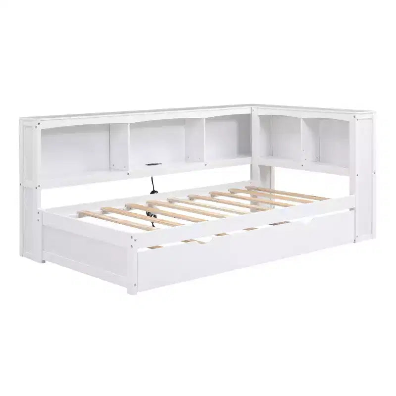 Wooden Twin Size Daybed with Trundle and Storage Cabinet, Floor Day Bed Frame w/L-Shaped Bookcase Shelves and USB Ports for Bedroom