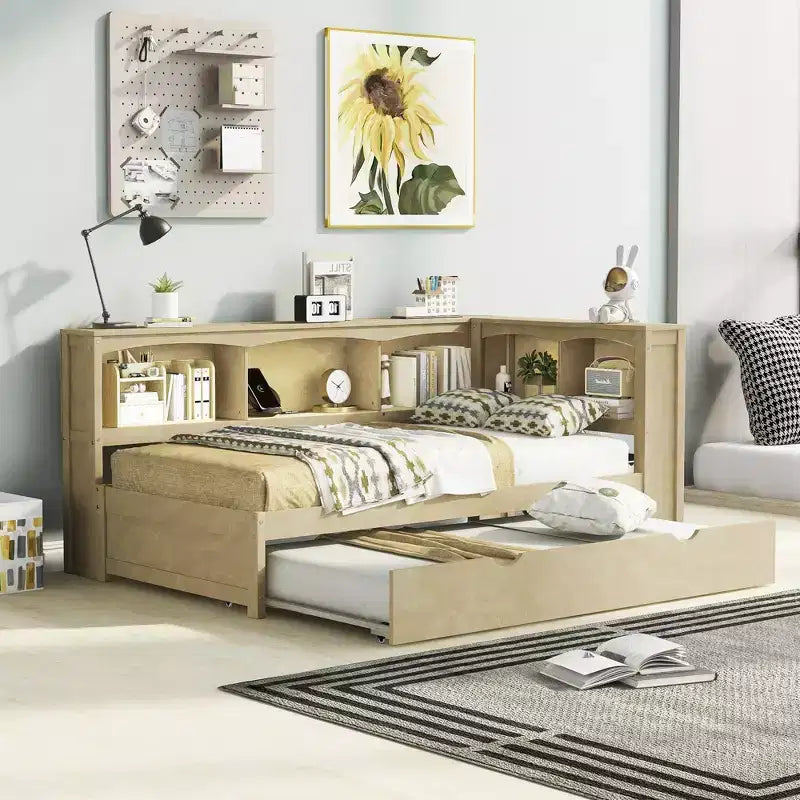 Wooden Twin Size Daybed with Trundle and Storage Cabinet, Floor Day Bed Frame w/L-Shaped Bookcase Shelves and USB Ports for Bedroom
