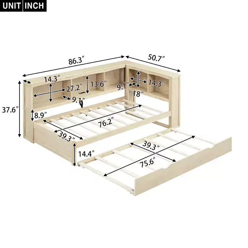 Wooden Twin Size Daybed with Trundle and Storage Cabinet, Floor Day Bed Frame w/L-Shaped Bookcase Shelves and USB Ports for Bedroom