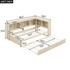 Wooden Twin Size Daybed with Trundle and Storage Cabinet, Floor Day Bed Frame w/L-Shaped Bookcase Shelves and USB Ports for Bedroom