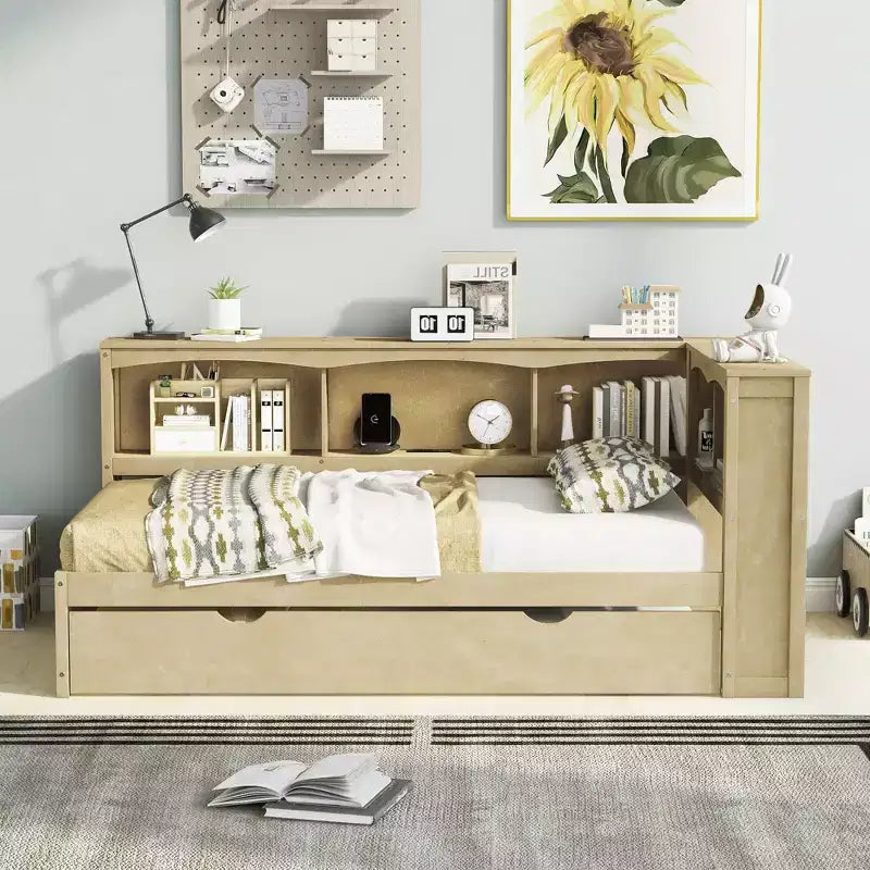 Wooden Twin Size Daybed with Trundle and Storage Cabinet, Floor Day Bed Frame w/L-Shaped Bookcase Shelves and USB Ports for Bedroom