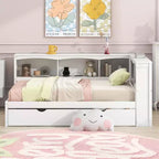 Wooden Twin Size Daybed with Trundle and Storage Cabinet, Floor Day Bed Frame w/L-Shaped Bookcase Shelves and USB Ports for Bedroom