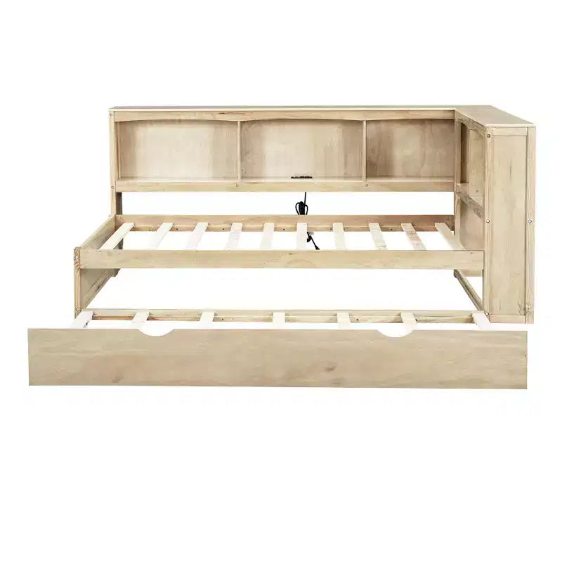 Wooden Twin Size Daybed with Trundle and Storage Cabinet, Floor Day Bed Frame w/L-Shaped Bookcase Shelves and USB Ports for Bedroom