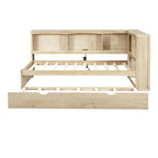 Wooden Twin Size Daybed with Trundle and Storage Cabinet, Floor Day Bed Frame w/L-Shaped Bookcase Shelves and USB Ports for Bedroom