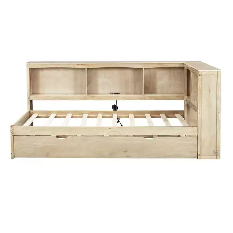 Wooden Twin Size Daybed with Trundle and Storage Cabinet, Floor Day Bed Frame w/L-Shaped Bookcase Shelves and USB Ports for Bedroom
