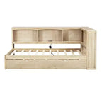 Wooden Twin Size Daybed with Trundle and Storage Cabinet, Floor Day Bed Frame w/L-Shaped Bookcase Shelves and USB Ports for Bedroom