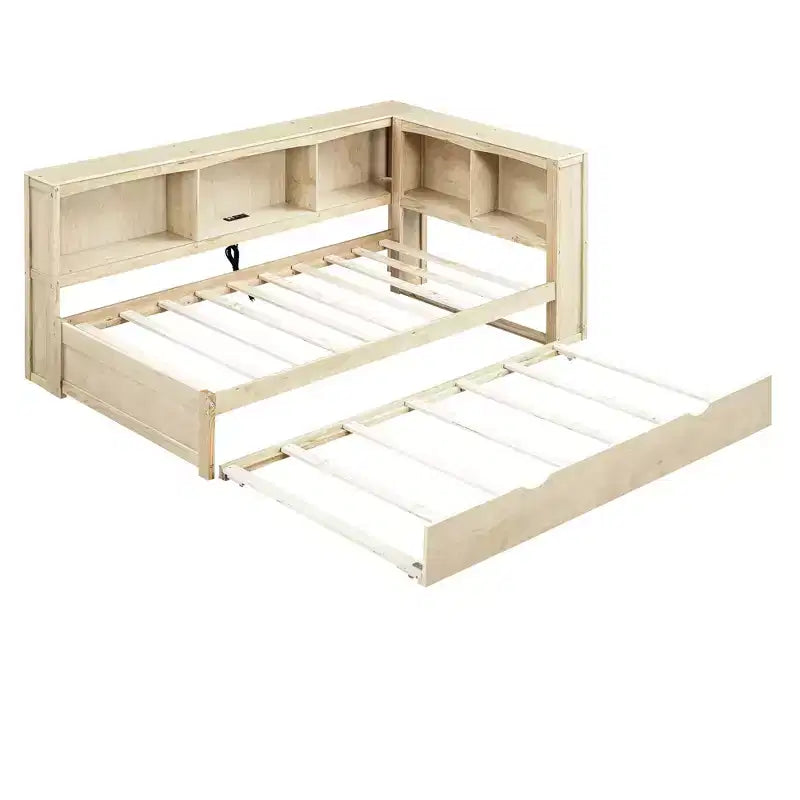 Wooden Twin Size Daybed with Trundle and Storage Cabinet, Floor Day Bed Frame w/L-Shaped Bookcase Shelves and USB Ports for Bedroom