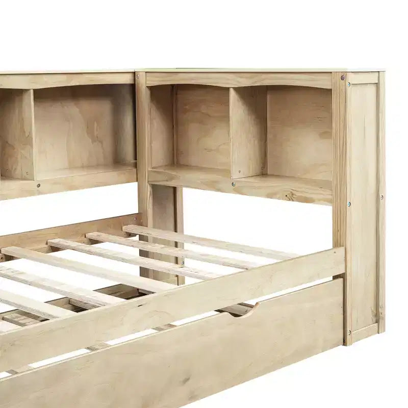 Wooden Twin Size Daybed with Trundle and Storage Cabinet, Floor Day Bed Frame w/L-Shaped Bookcase Shelves and USB Ports for Bedroom