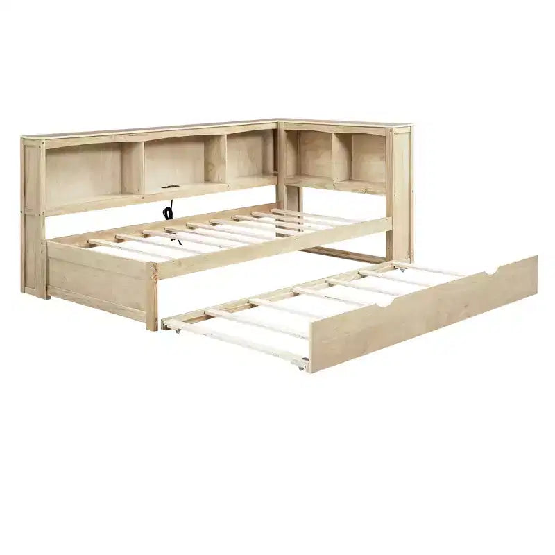 Wooden Twin Size Daybed with Trundle and Storage Cabinet, Floor Day Bed Frame w/L-Shaped Bookcase Shelves and USB Ports for Bedroom