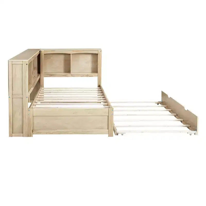 Wooden Twin Size Daybed with Trundle and Storage Cabinet, Floor Day Bed Frame w/L-Shaped Bookcase Shelves and USB Ports for Bedroom