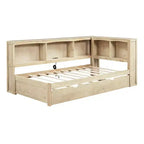 Wooden Twin Size Daybed with Trundle and Storage Cabinet, Floor Day Bed Frame w/L-Shaped Bookcase Shelves and USB Ports for Bedroom