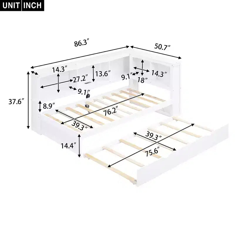 Wooden Twin Size Daybed with Trundle and Storage Cabinet, Floor Day Bed Frame w/L-Shaped Bookcase Shelves and USB Ports for Bedroom