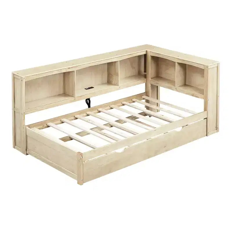 Wooden Twin Size Daybed with Trundle and Storage Cabinet, Floor Day Bed Frame w/L-Shaped Bookcase Shelves and USB Ports for Bedroom