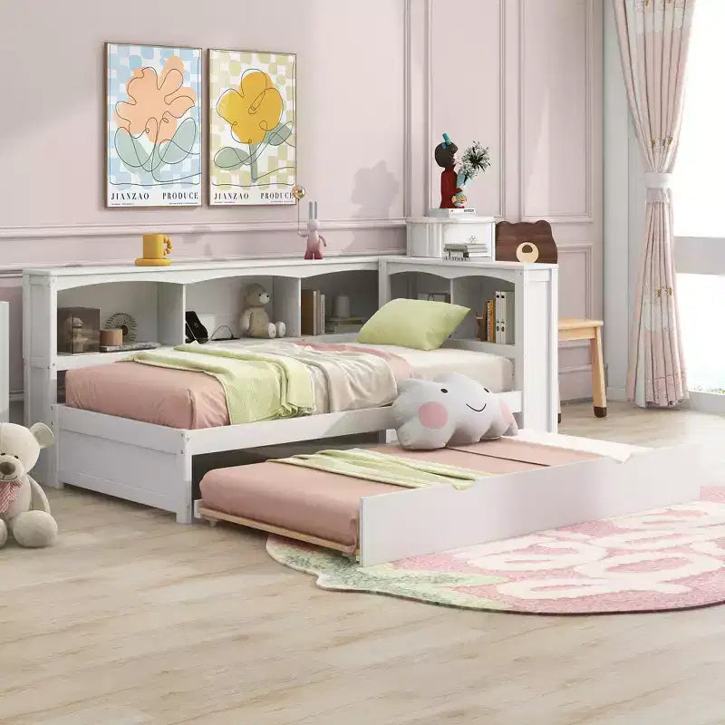 Wooden Twin Size Daybed with Trundle and Storage Cabinet, Floor Day Bed Frame w/L-Shaped Bookcase Shelves and USB Ports for Bedroom