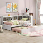 Wooden Twin Size Daybed with Trundle and Storage Cabinet, Floor Day Bed Frame w/L-Shaped Bookcase Shelves and USB Ports for Bedroom