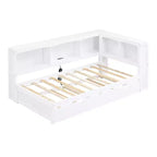 Wooden Twin Size Daybed with Trundle and Storage Cabinet, Floor Day Bed Frame w/L-Shaped Bookcase Shelves and USB Ports for Bedroom
