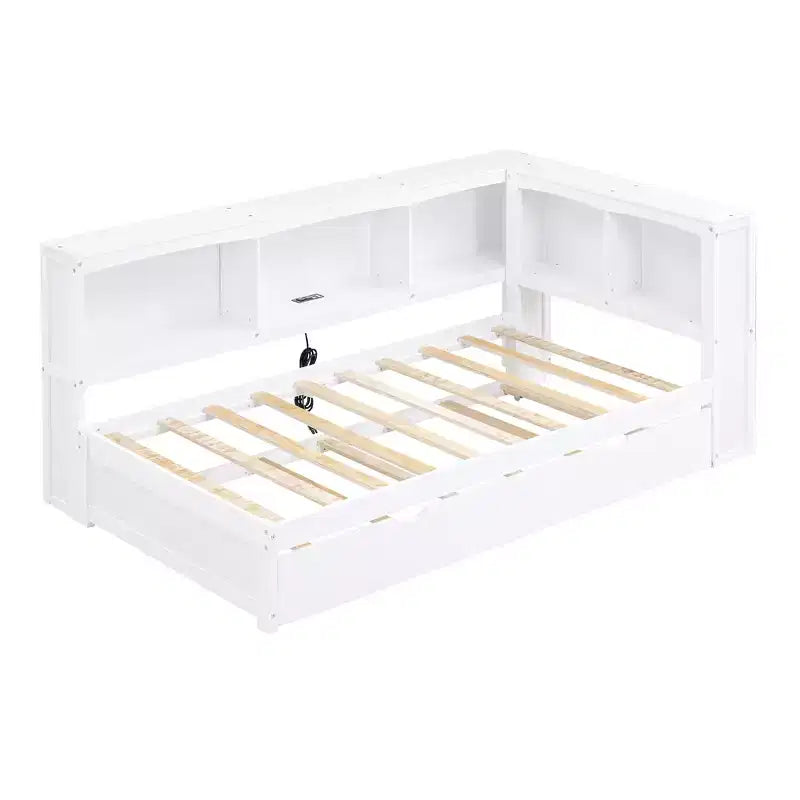 Wooden Twin Size Daybed with Trundle and Storage Cabinet, Floor Day Bed Frame w/L-Shaped Bookcase Shelves and USB Ports for Bedroom