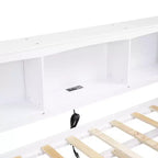 Wooden Twin Size Daybed with Trundle and Storage Cabinet, Floor Day Bed Frame w/L-Shaped Bookcase Shelves and USB Ports for Bedroom